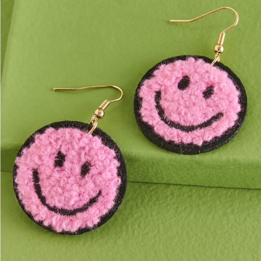 Fuzzy Pink Smiley Face Earrings